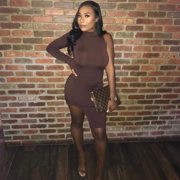 Brown One Arm Midi Dress - Picture 1 of 5
